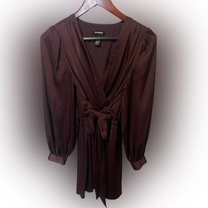 EXPRESS Maroon Satin Long Sleeve Tie Waist Mini Dress